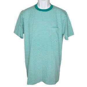 Vint All Over Striped Pocket Polo T Shirt L Dark Aqua Green White Single Stitch